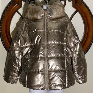 NV Apparel Metallic Puffer Lightweight Jacket with Detachable Faux Fur Collar